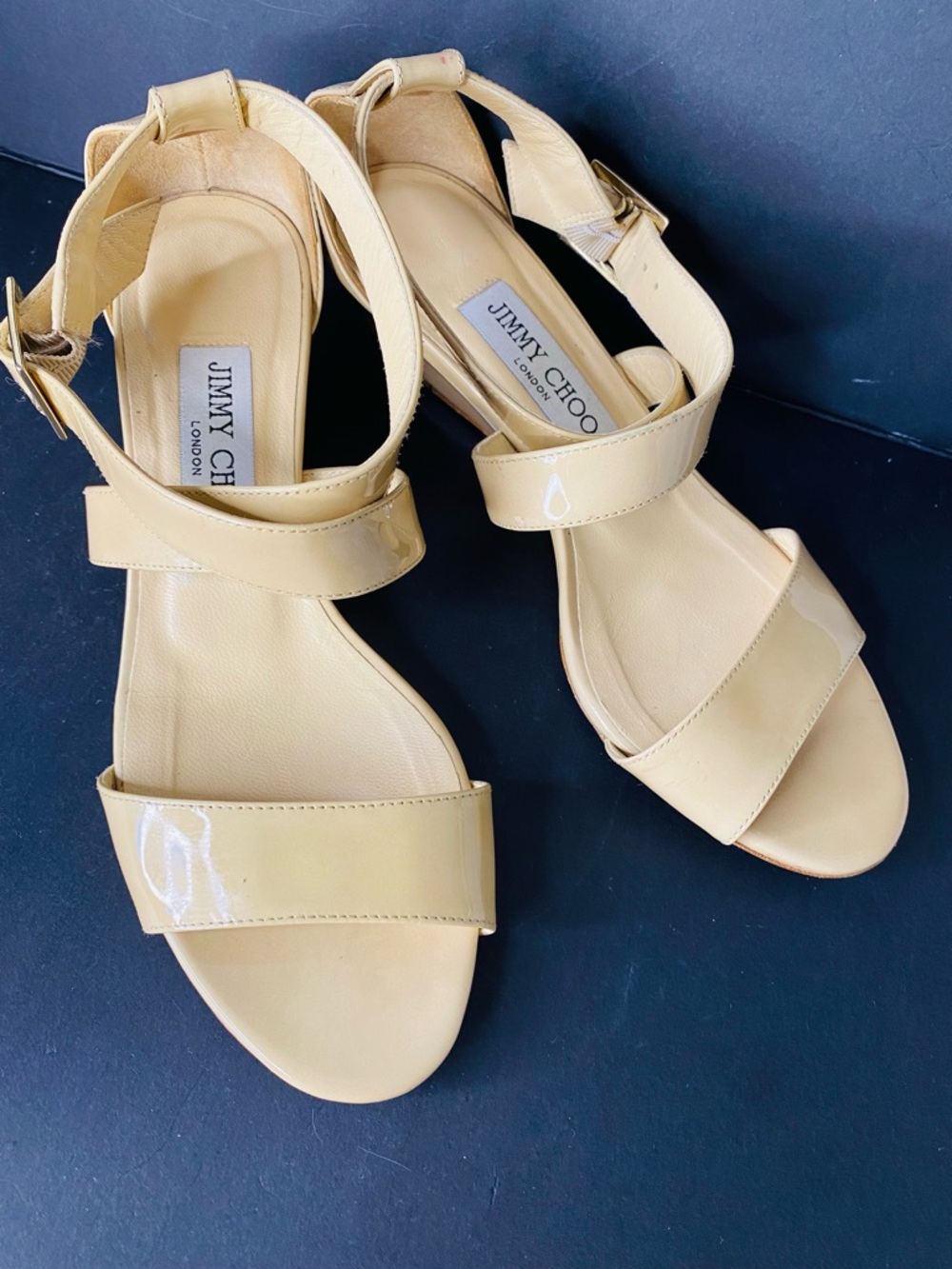 Jimmy Choo Tan Patent Leather Strappy Heels
